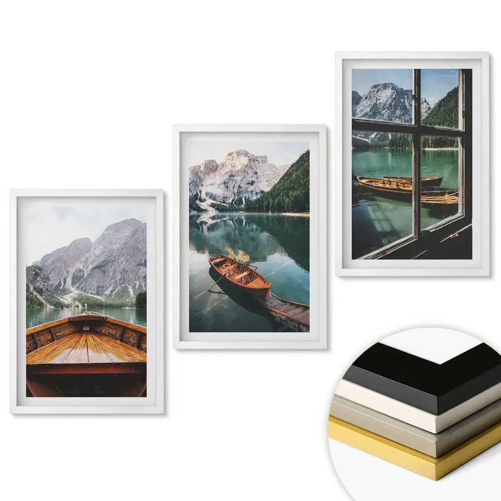 Set de 3 tablouri pentru living cu peisaj de munte și apă