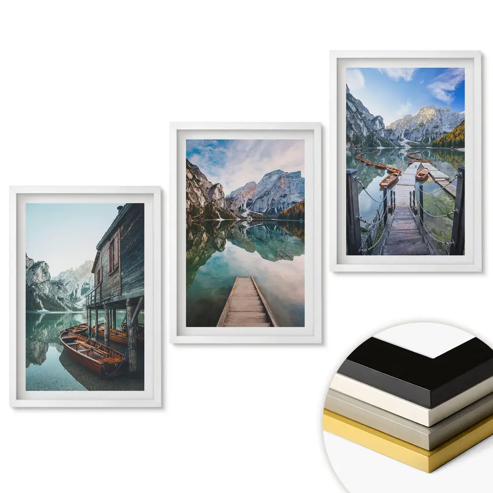 Set de 3 tablouri pentru living cu peisaj montan și lac