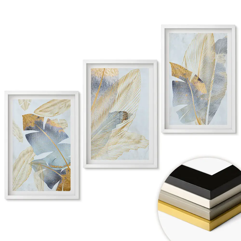 Set 3 tablouri pentru living cu frunze aurii pe fundal delicat