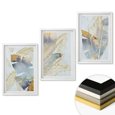 Set 3 tablouri pentru living cu frunze aurii pe fundal delicat