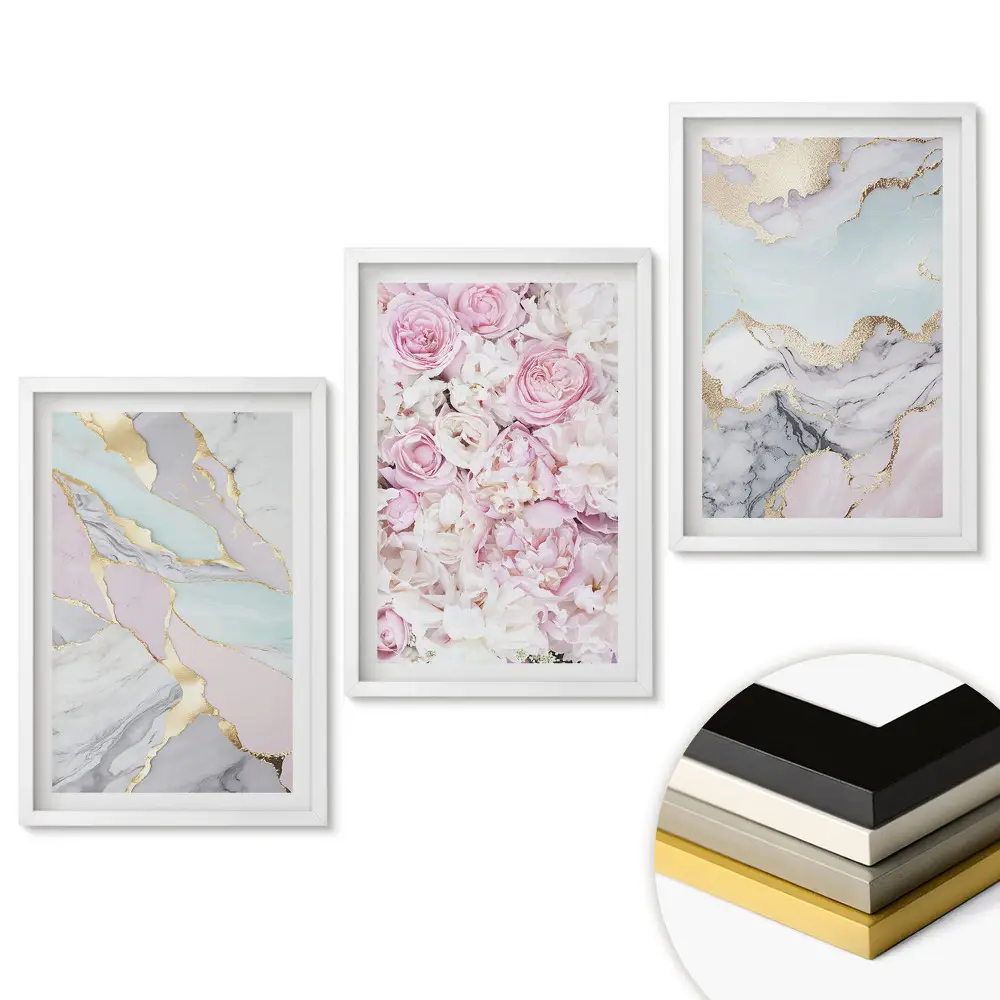 Set de 3 tablouri pentru living cu design elegant de marmură și motive florale