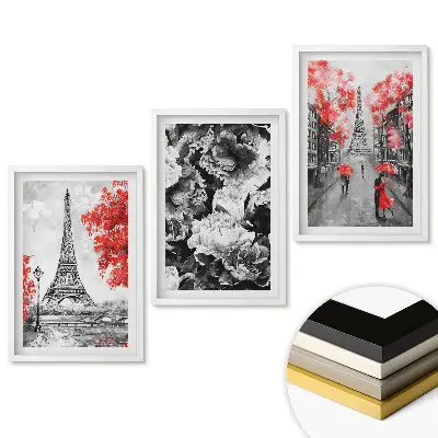 Set de 3 tablouri pentru living cu Turnul Eiffel și accente roșii