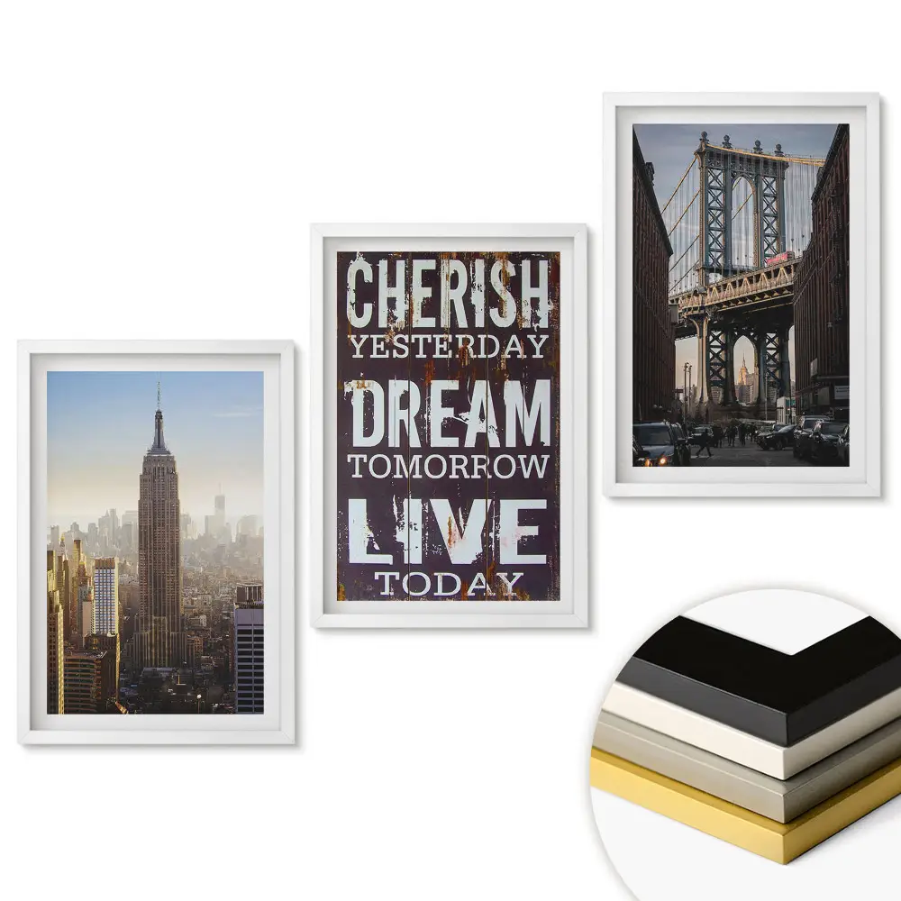 Set 3 tablouri pentru sufragerie cu vederi din New York și sloganuri inspiraționale
