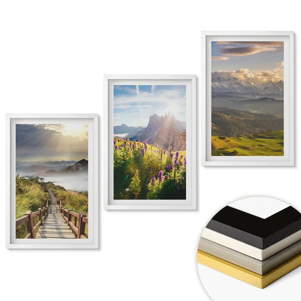 Set de 3 tablouri pentru living cu peisaje montane pitorești și flori