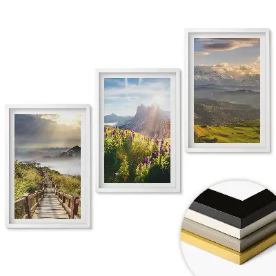Set de 3 tablouri pentru living cu peisaje montane pitorești și flori