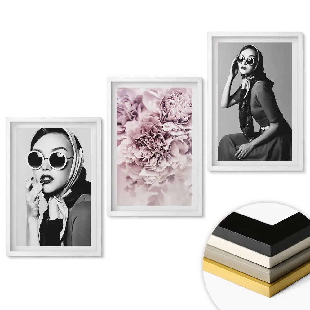 Set de 3 tablouri pentru living cu portrete elegante și accente florale