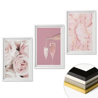 Set tablouri pentru living cu motiv floral, șampanie și fundal de marmură