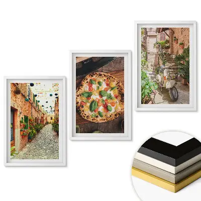Set de tablouri pentru living cu tematică italiană străzi fermecătoare și pizza delicioasă