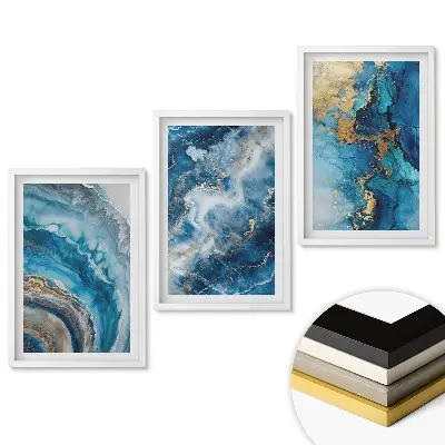 Set de 3 tablouri pentru living cu design abstract albastru și accente aurii