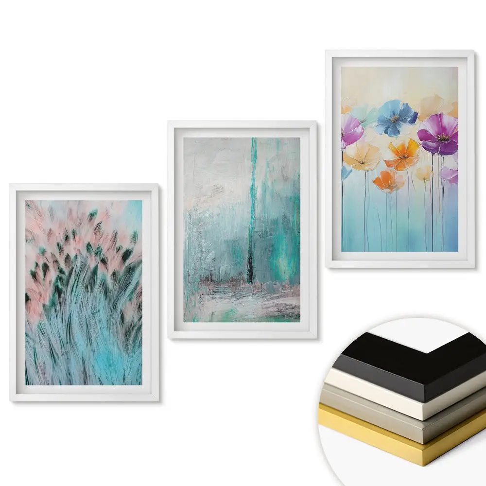 Set 3 tablouri pentru living cu abstracțiuni colorate și motive florale
