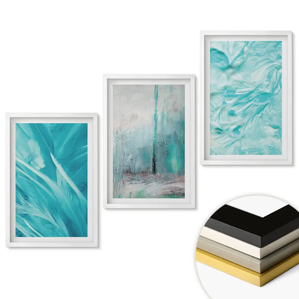 Set de 3 tablouri decorative pentru living în nuanțe armonioase de albastru