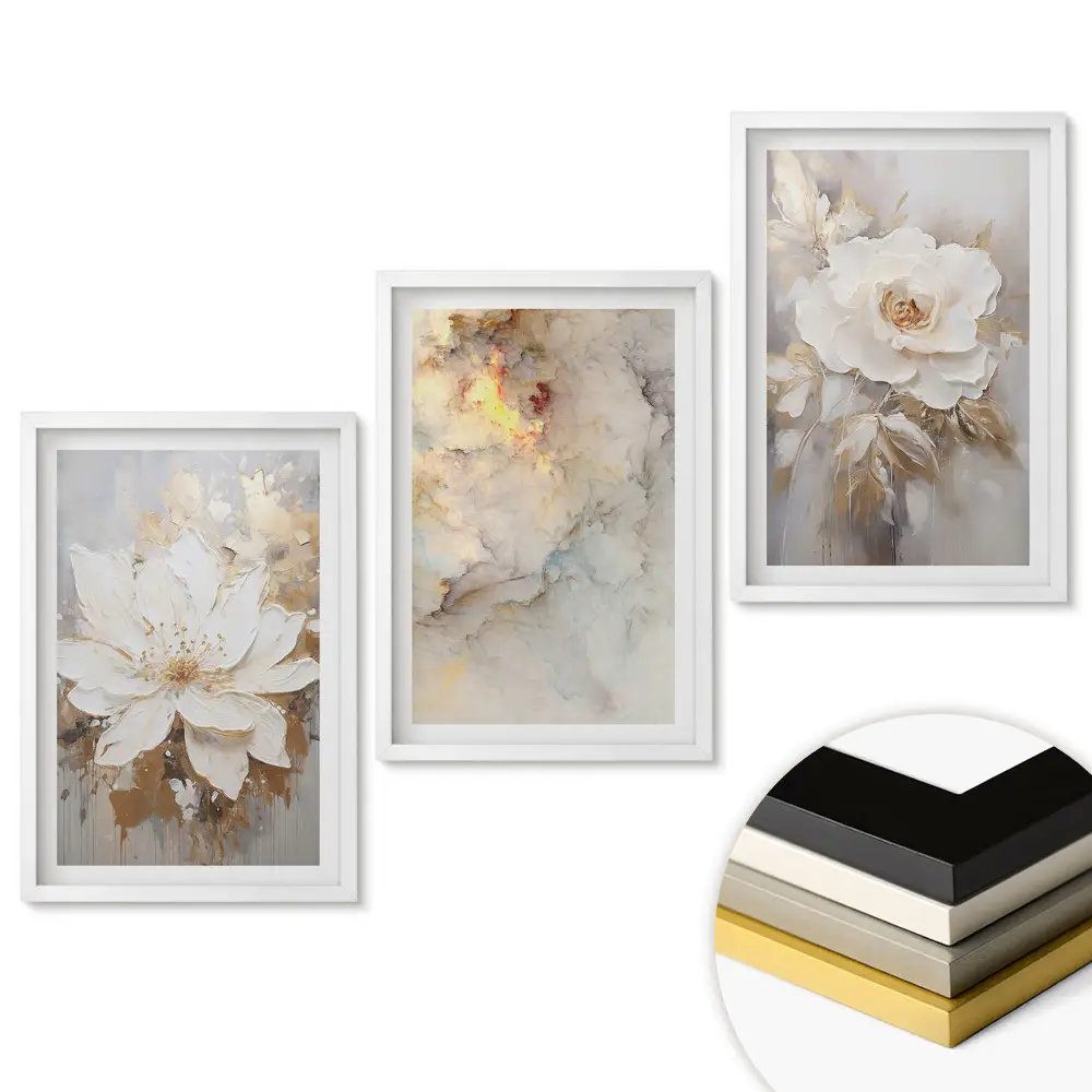 Set de 3 tablouri pentru living cu inspirații florale în nuanțe delicate