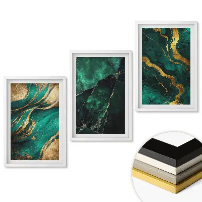 Set de tablouri pentru living cu accente aurii pe fundal verde