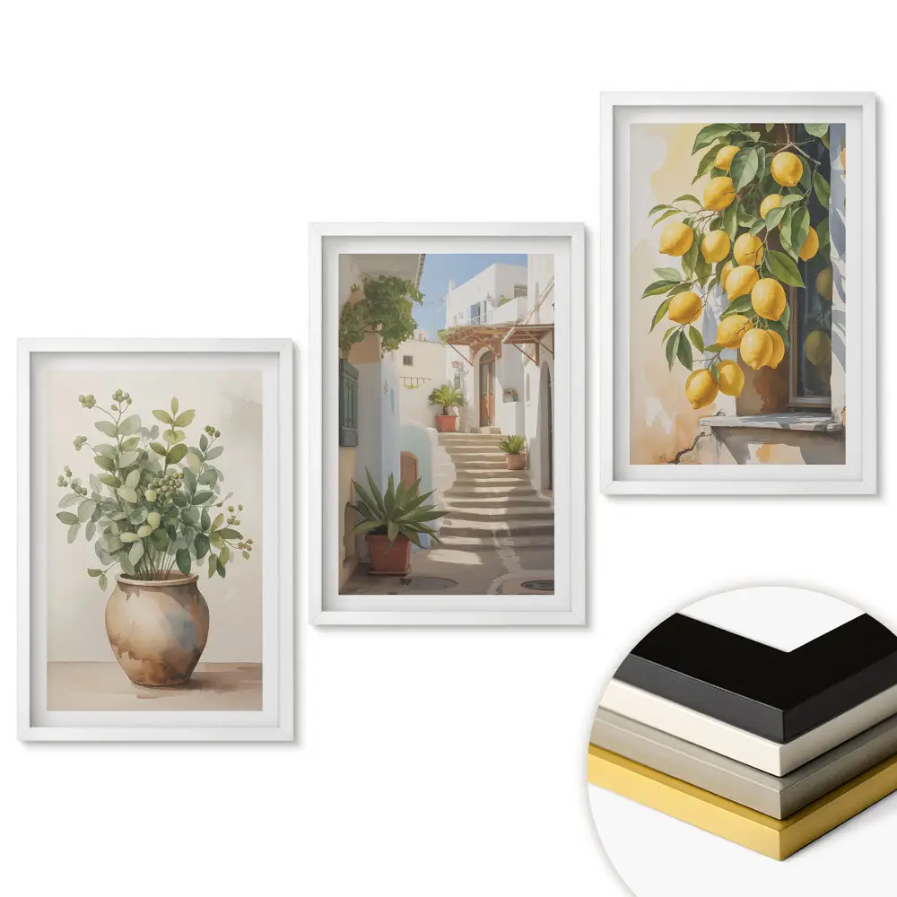 Set 3 tablouri pentru living cu motive de flori și lămâi