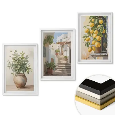 Set 3 tablouri pentru living cu motive de flori și lămâi