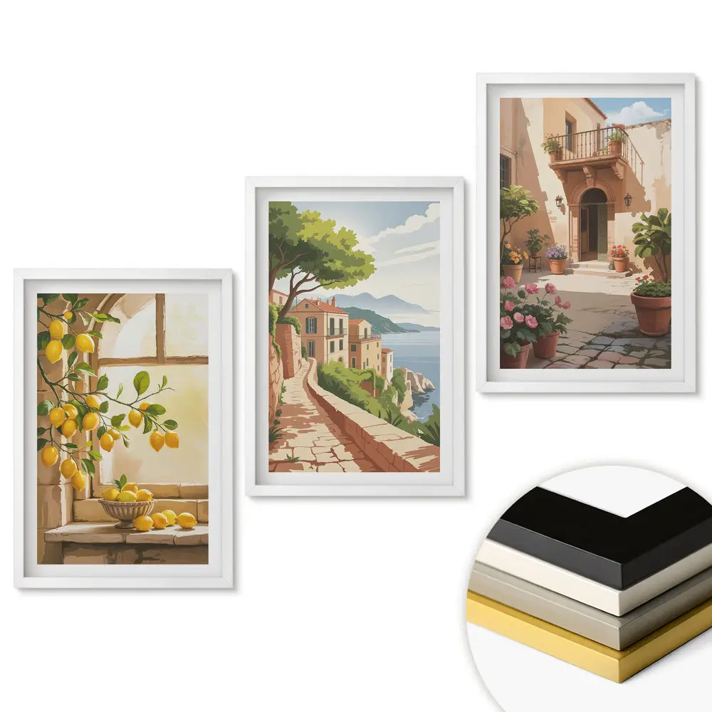 Set de tablouri pentru living cu peisaje însorite și motive citrice