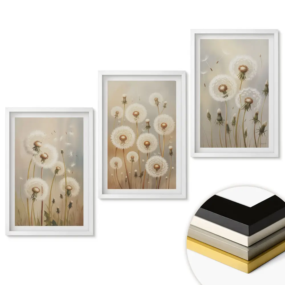 Set 3 tablouri pentru living cu design de păpădii delicate în nuanțe pastelate