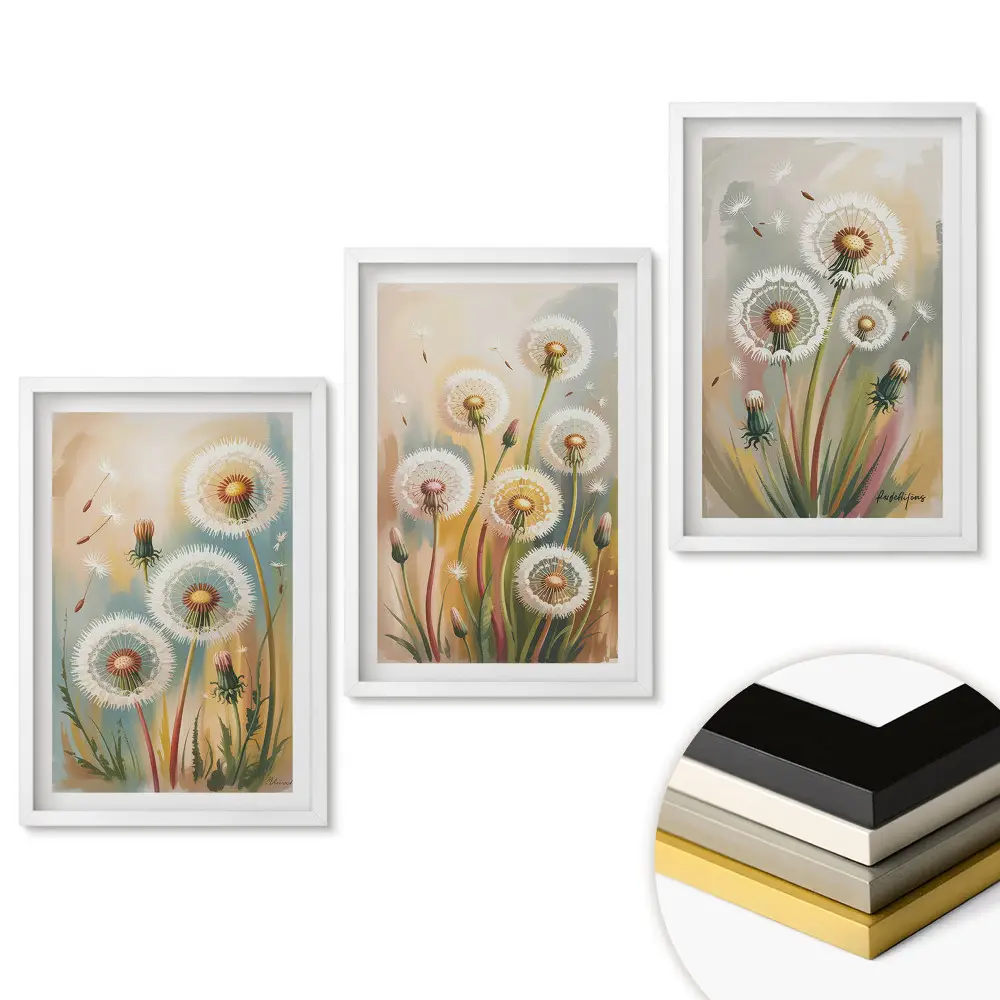 Set de 3 tablouri pentru living cu păpădii pufoase în culori pastelate