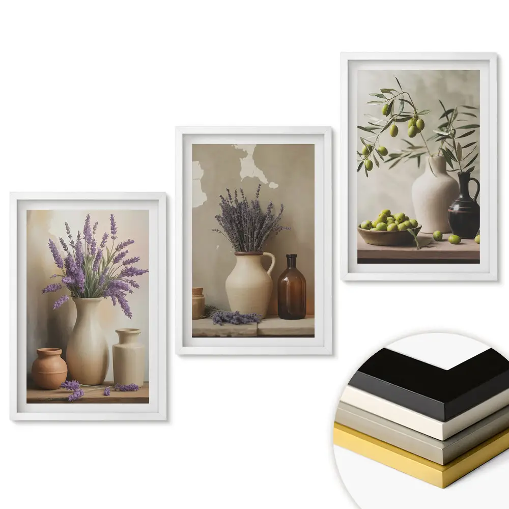 Set de 3 tablouri pentru living cu motive florale și măsline în stil rustic