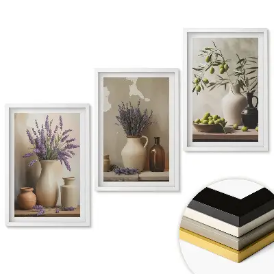 Set de 3 tablouri pentru living cu motive florale și măsline în stil rustic