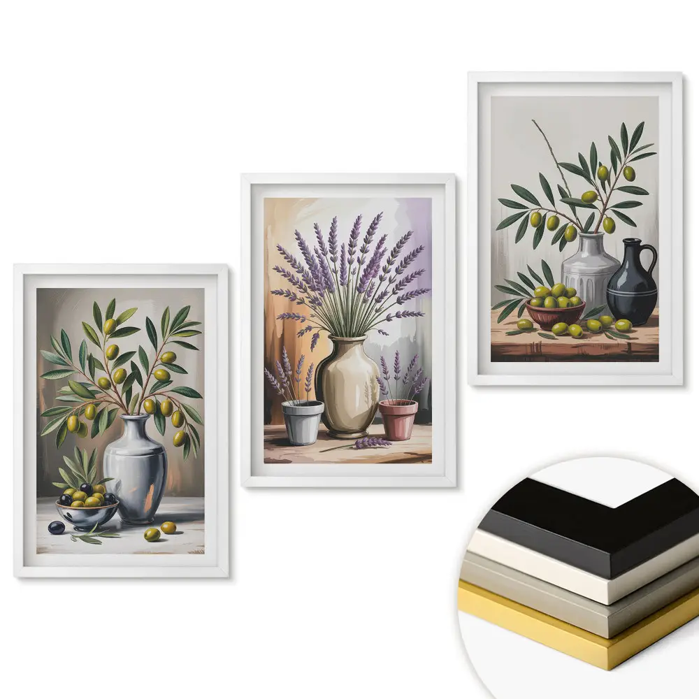 Set tablouri pentru living cu flori și măsline în vaze decorative