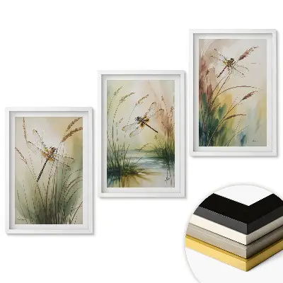 Set 3 tablouri pentru living Fluturi printre iarbă și apă