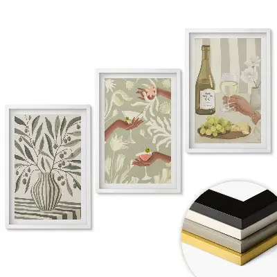 Set 3 tablouri pentru living cu tematică de flori, vin și stil de viață relaxant