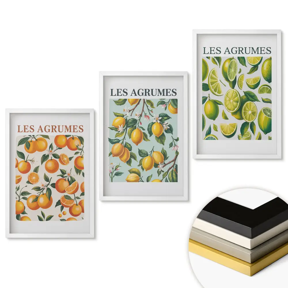 Set 3 tablouri pentru living cu ilustrații colorate de citrice