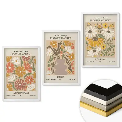 Set de 3 tablouri pentru living Piețe de flori în trei orașe