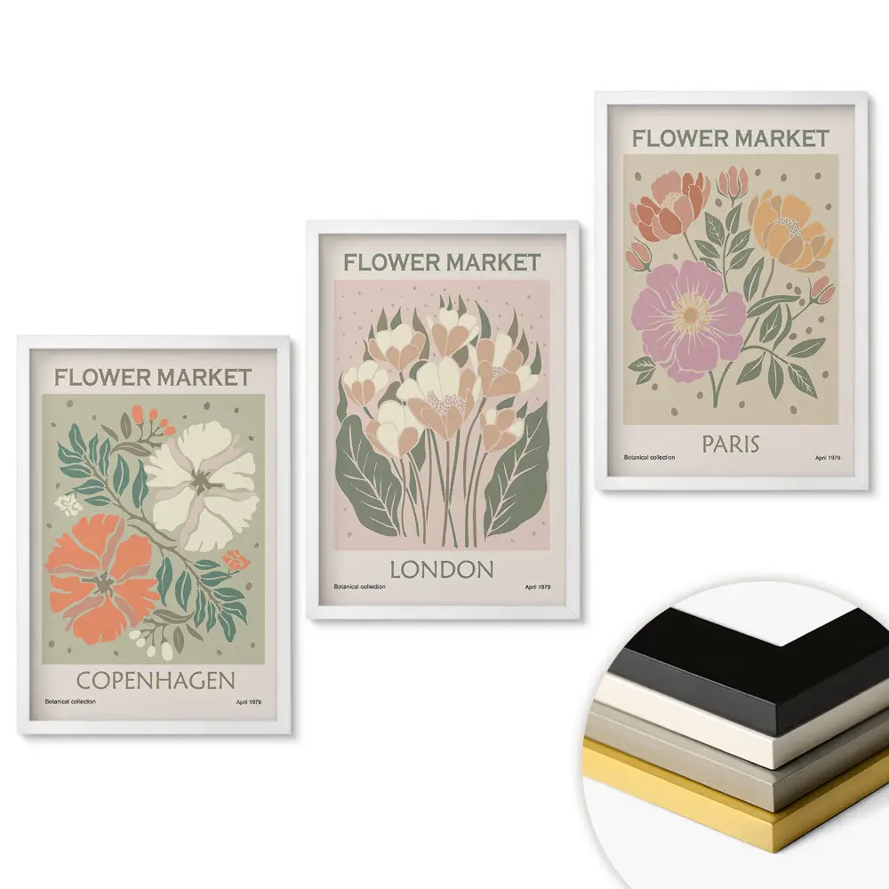 Set 3 tablouri pentru living cu piețe de flori din orașe europene