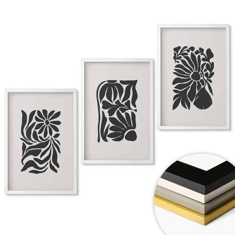 Set de tablouri pentru living cu flori abstracte în stil monocrom