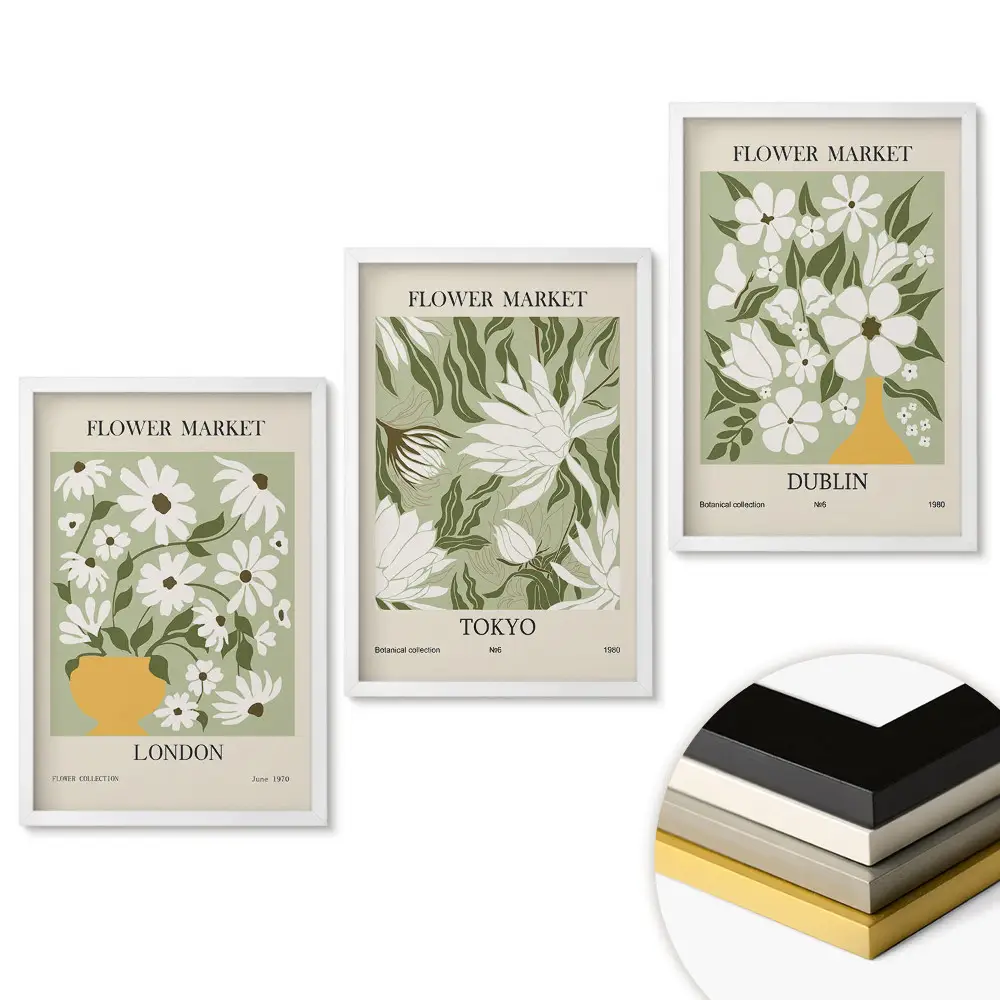 Set de 3 tablouri pentru living cu piețe de flori din orașele lumii
