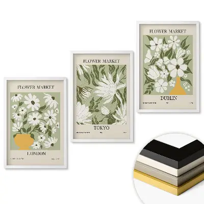Set de 3 tablouri pentru living cu piețe de flori din orașele lumii