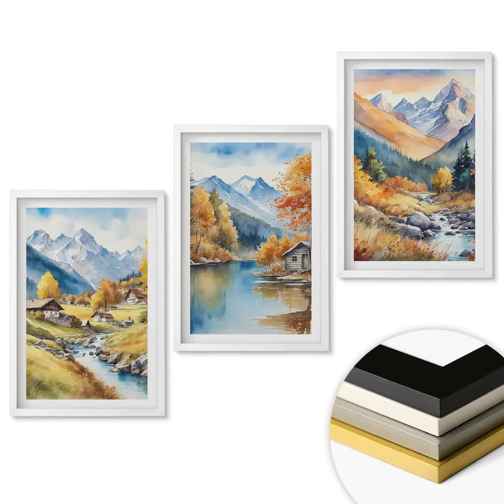 Set 3 tablouri pentru living cu peisaje montane pitorești în acuarelă