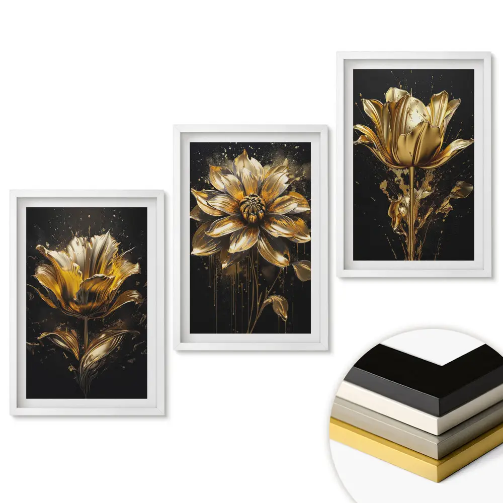 Set de 3 tablouri pentru living cu flori aurii pe fundal negru
