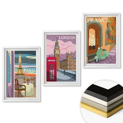 Set de tablouri pentru living cu orașe europene în stil retro