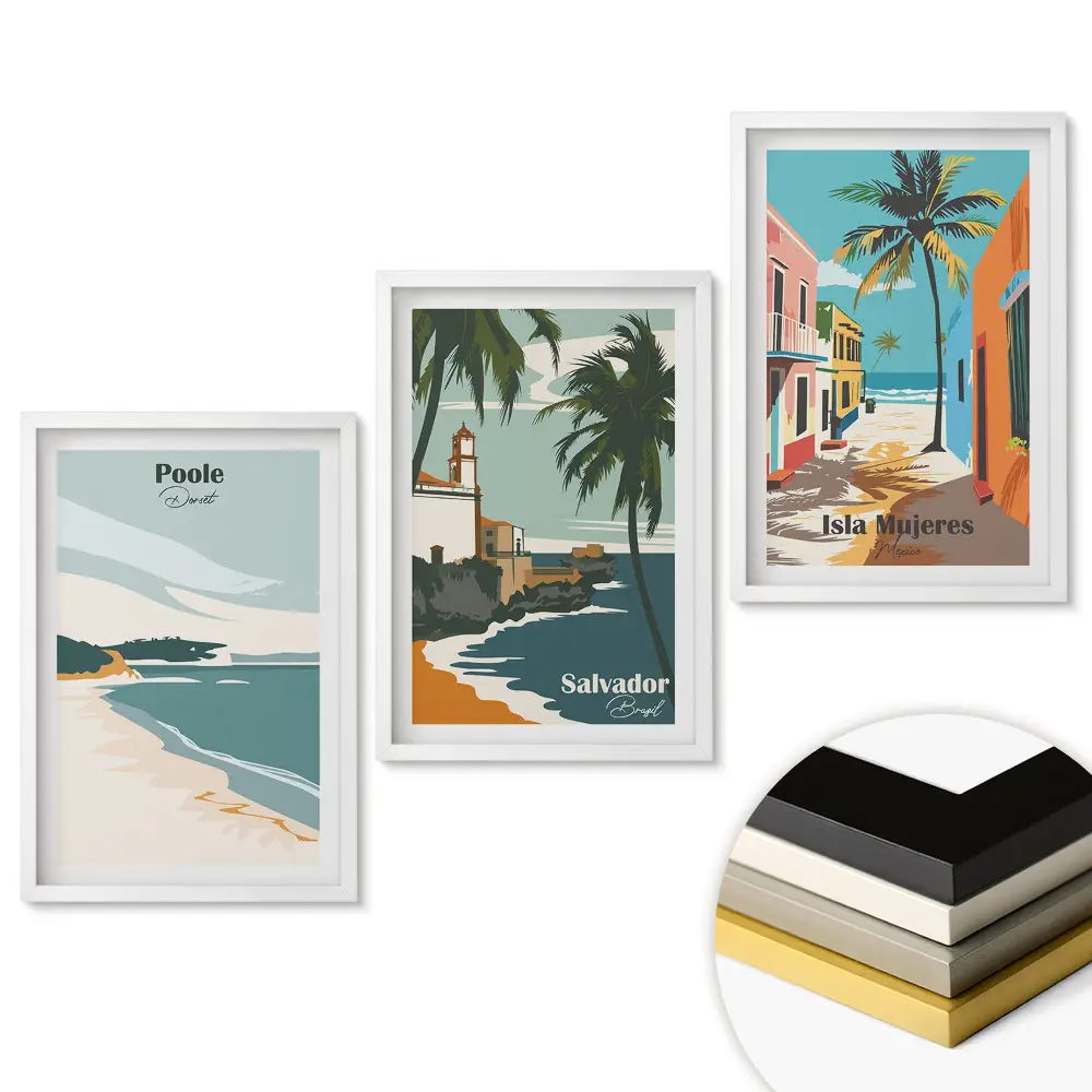 Set de tablouri pentru living cu peisaje tropicale în stil retro