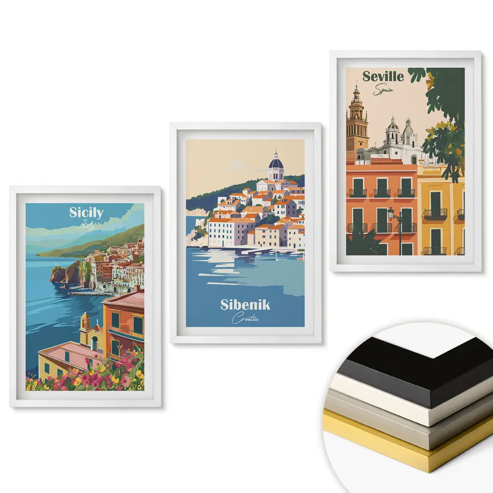 Set 3 tablouri pentru living cu ilustrații de locuri fermecătoare din Europa