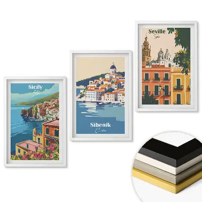 Set 3 tablouri pentru living cu ilustrații de locuri fermecătoare din Europa