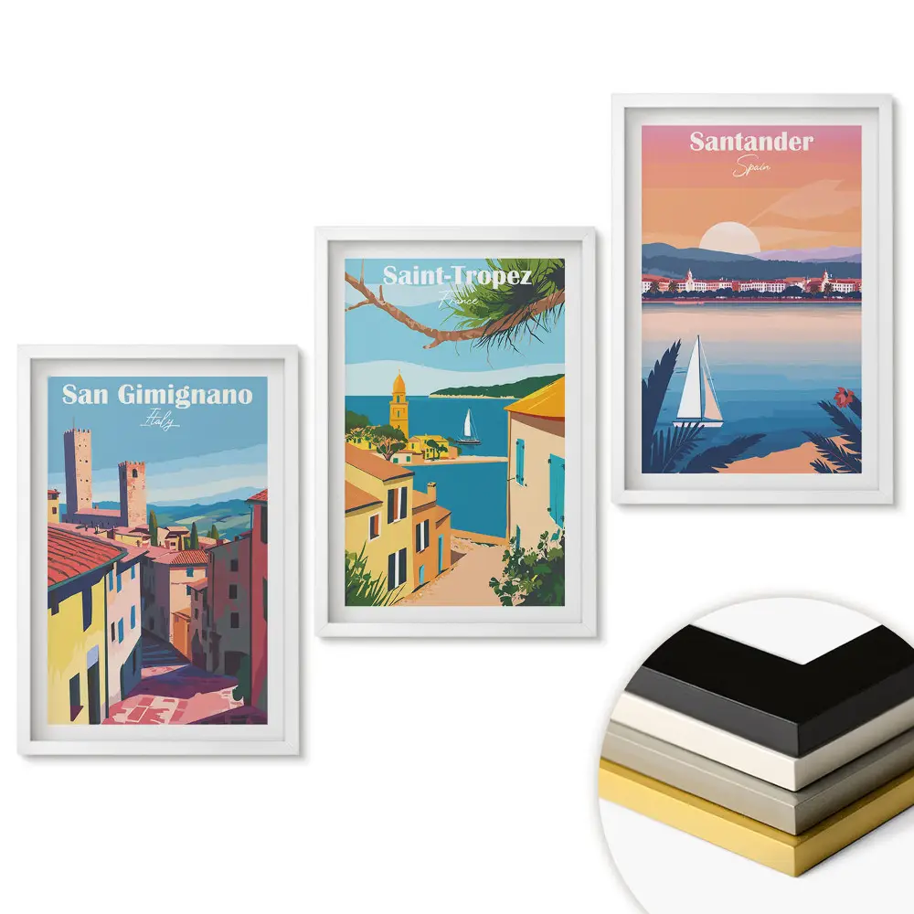 Set 3 tablouri pentru living Orașe europene pitorești de la malul mării