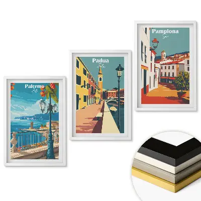 Set de tablouri pentru living cu orașe europene în grafică colorată