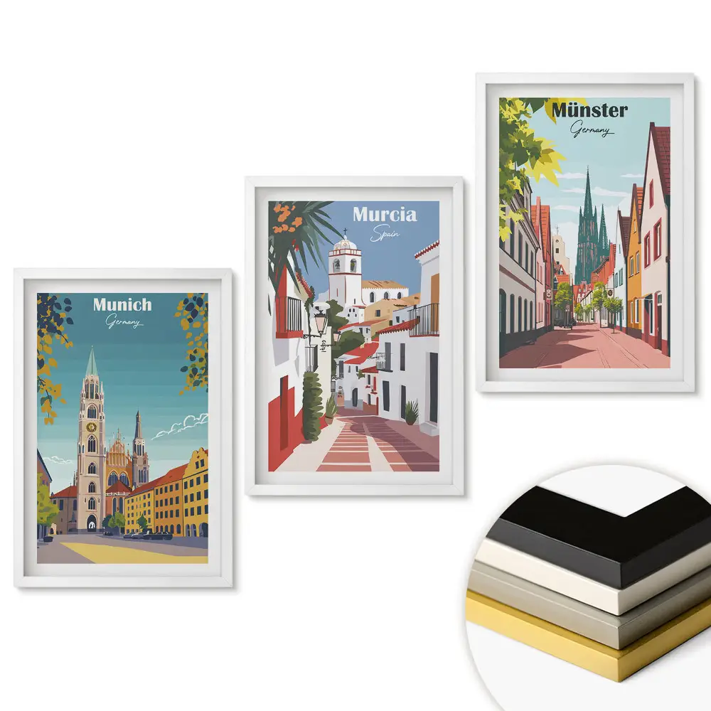 Set de 3 tablouri pentru living cu grafică colorată de orașe europene