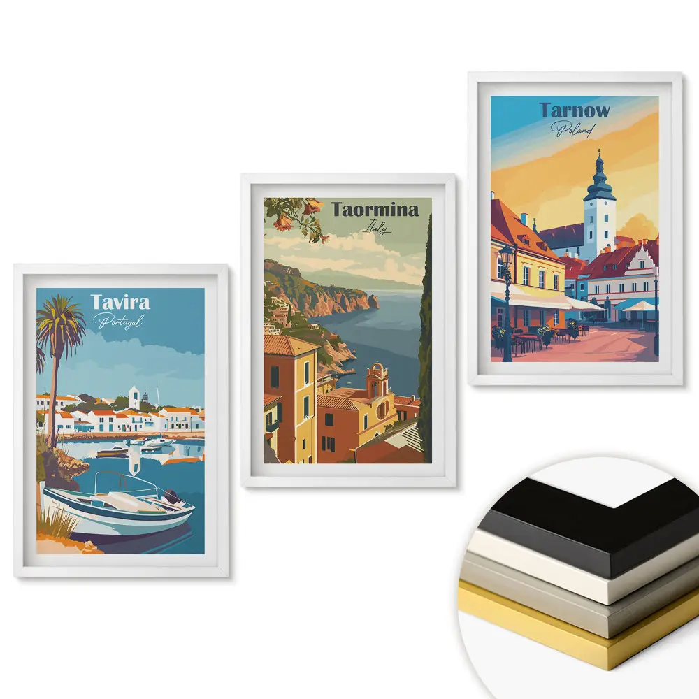 Set 3 tablouri pentru living cu ilustrații de locuri pitorești din Europa