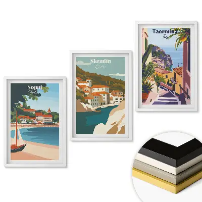 Set de 3 tablouri pentru living cu destinații de vacanță Sopot, Skradin și Taormina