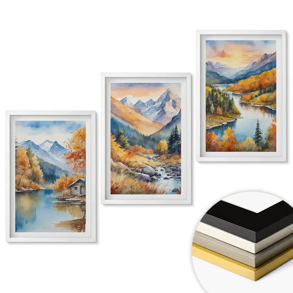 Set de 3 tablouri pentru living cu peisaje montane de toamnă în acuarelă