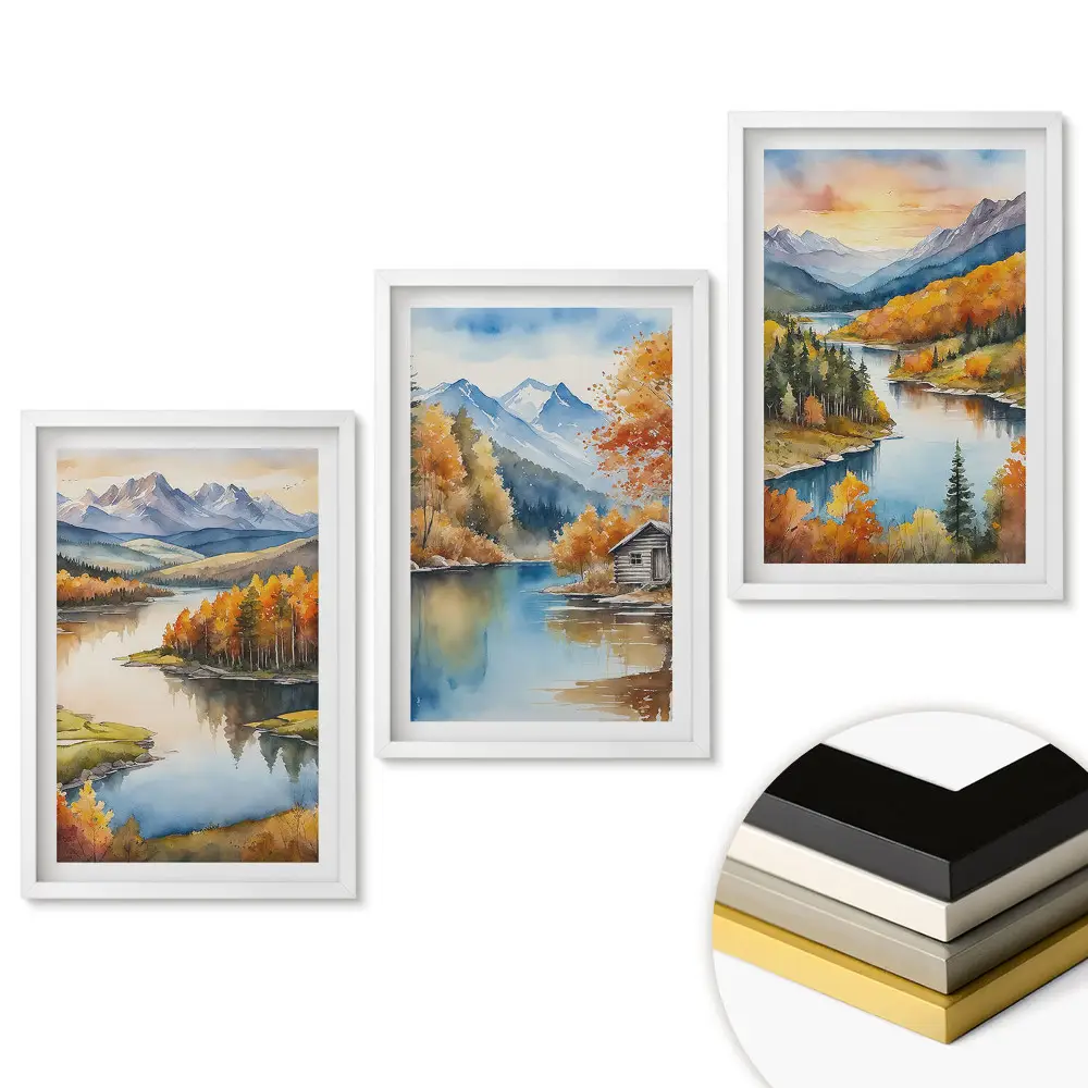 Set de 3 tablouri pentru living cu peisaje montane și acvatice de toamnă