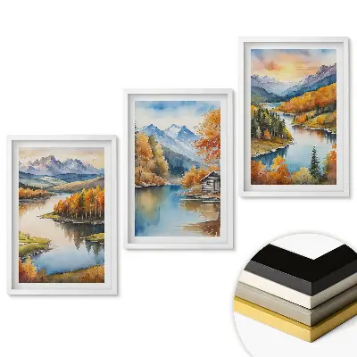 Set de 3 tablouri pentru living cu peisaje montane și acvatice de toamnă