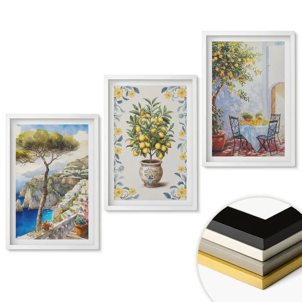 Set de 3 tablouri pentru living cu vederi pitorești și elemente citrice