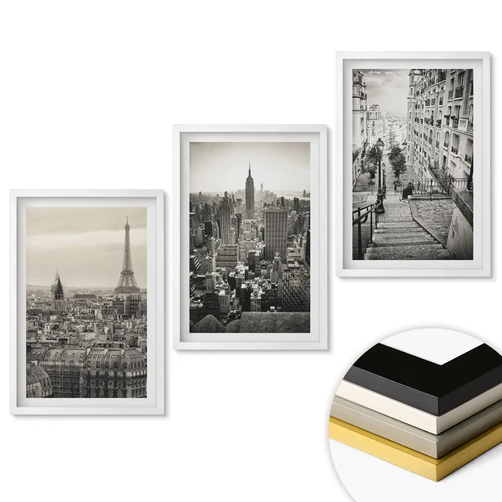 Set de 3 tablouri pentru living cu peisaje urbane în nuanțe de gri