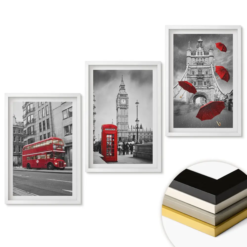 Set tablouri pentru living cu simboluri londoneze în stil monocromatic
